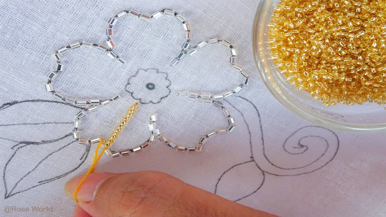 Beads Work, beaded hand embroidery design with pearl, beads flower embroidery tutorial