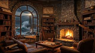 Lighthouse Keeper's Study 🌊 Stormy Night, Roaring Fireplace & Ocean Waves ASMR for Sleep