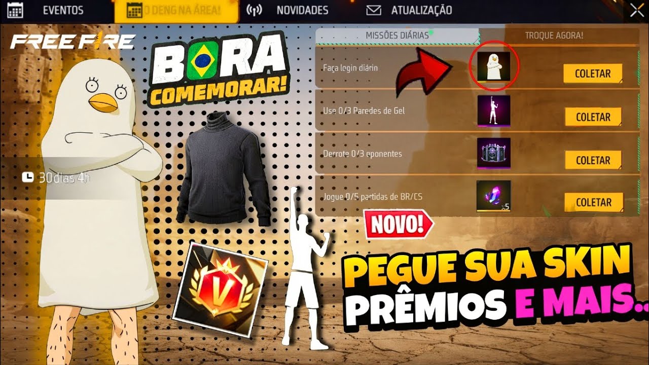 CORRE!! SKIN DE GRAÇA, GOLA ALTA PRETA E EMOTE PARA TODOS NO FREE FIRE