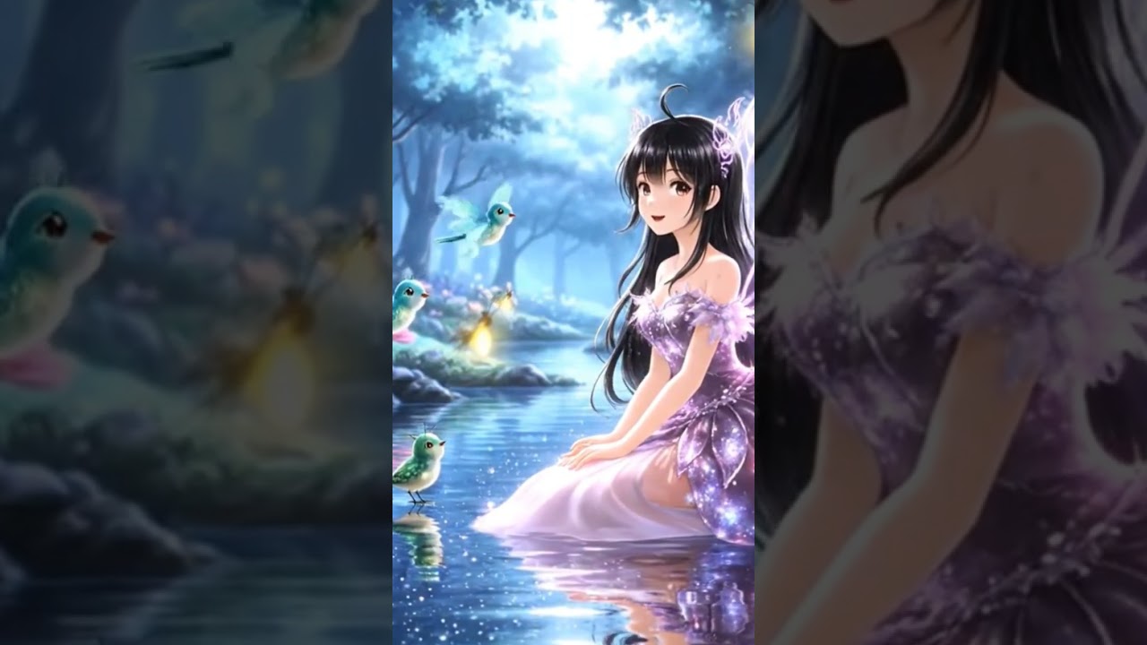 Young fairy singing with fairy birds.  