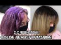 Corrective COLOR TRANSFORMATION going from Purple to Blonde Hair | How to Remove Purple Box Color