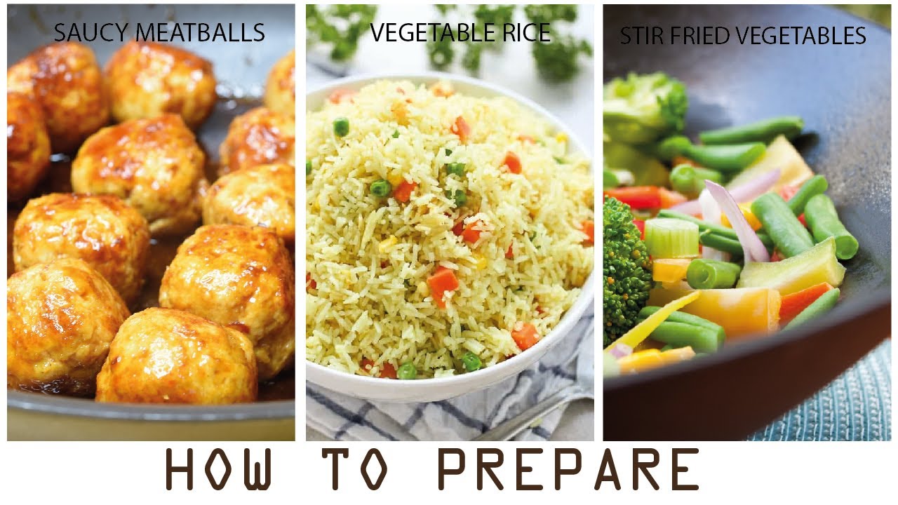 STEP BY STEP RECIPE FOR :SAUCY MEATBALLS, VEGETABLE RICE AND STIR FRIED VEGETABLES
