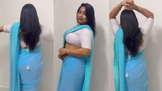 Download Lagu South Indian Saree Draping Style Posing in Sky Blue Chiffon Plain Saree | White Cotton Blouse  MP3
