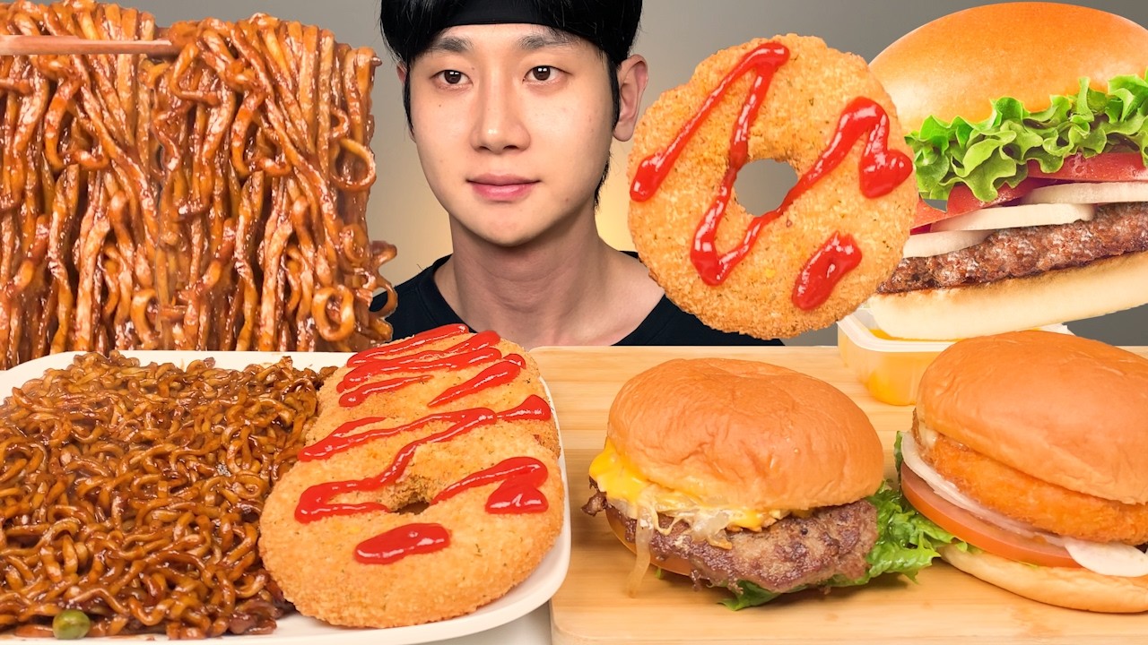 프랭크버거, 청양마요쉬림프버거, 핫치즈링 & 사천짜파게티 꿀조합 먹방 ASMR Frank Burger & Spicy Black-bean-sauce Noodles MUKBANG