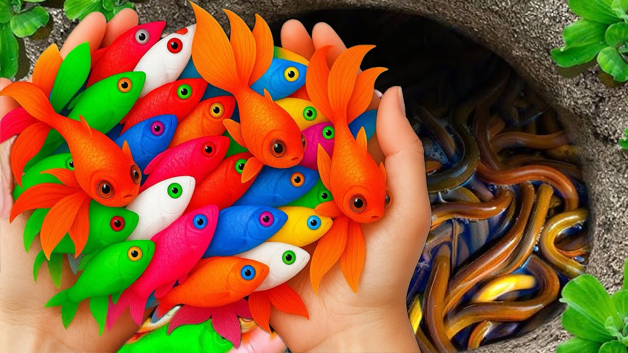 Amazing Catch Aquarium Fish In Easter Colorful Eggs, gold fish, Eel, Koi fish, Turtle