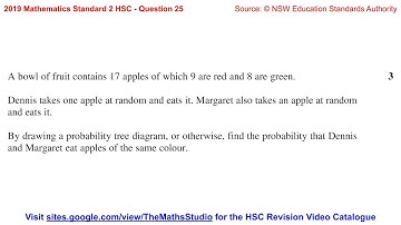 2019 Maths Standard 2 HSC Q25 Find 2-stage probability without replacement by drawing tree diagram