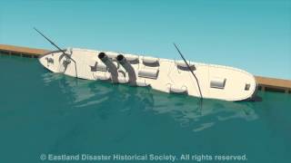 Eastland Disaster animation of ship rolling into the Chicago River (showing port side)
