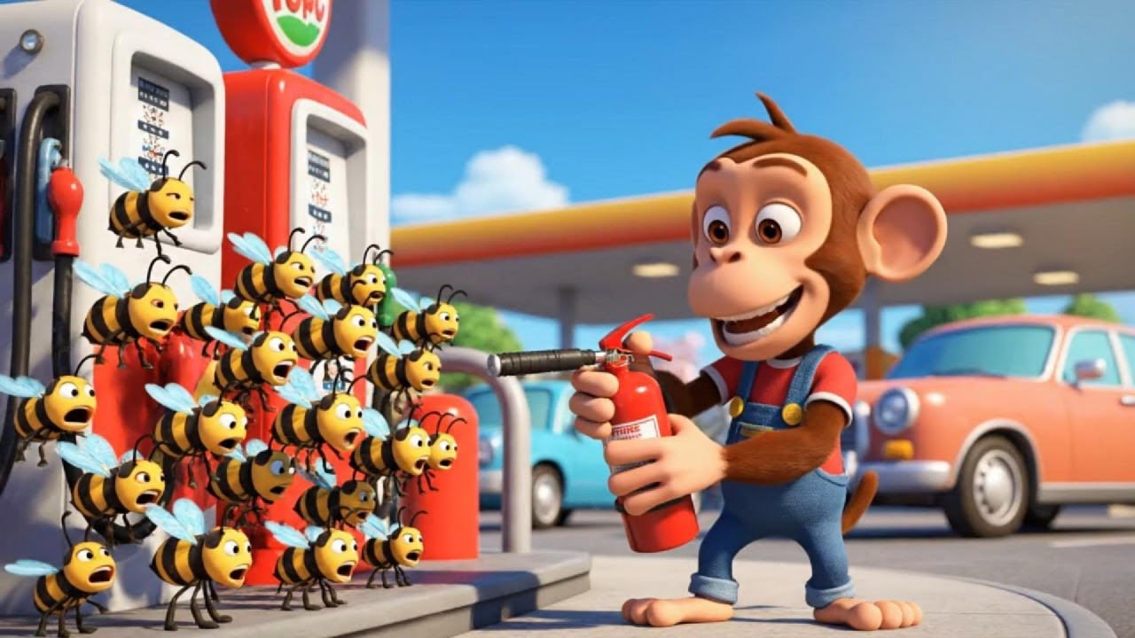 Baby Monkey Solves a Bee Problem at the Gas Station | Kids Storytime