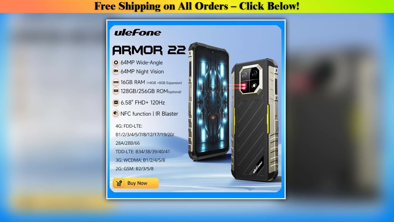 Ulefone Armor 22  Rugged Phone,16GB (8GB+8GB) RAM,128GB/256GB ROM, Android 14Smartphone,NFC 64MP