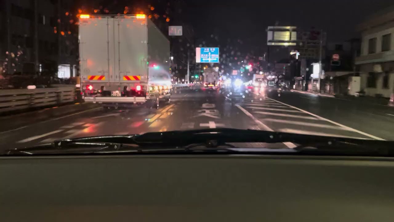 Driving on rainy service road at night for sleep,work,study (rear camera)