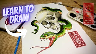 How to draw a skull and snake tattoo design (Traditional Japanese Tattoo)