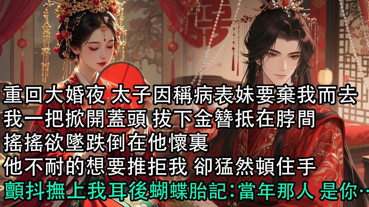 【一口氣看完】重回大婚夜 太子因稱病表妹要棄我而去，我一把掀開蓋頭 拔下金簪抵在脖間，搖搖欲墜跌倒在他懷裏，他不耐的想要推拒我 卻猛然頓住手，顫抖撫上我耳後蝴蝶胎記：當年那人 是你…