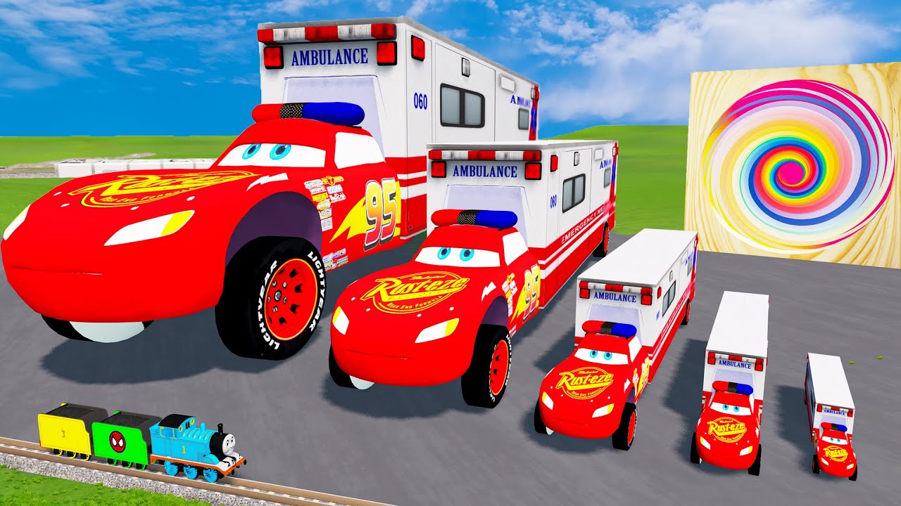 Big & Small Long Ambulance Mcqueen with Monster Truck wheels - Slide Color vs Stairs | BeamNG.Drive