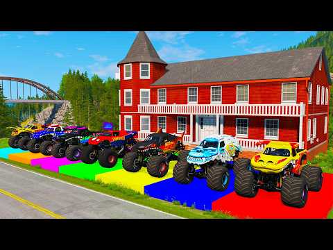Monster Trucks on Double Flatbed Trailer | Slide Colors + Cars vs Speed Bump - BeamNG #04