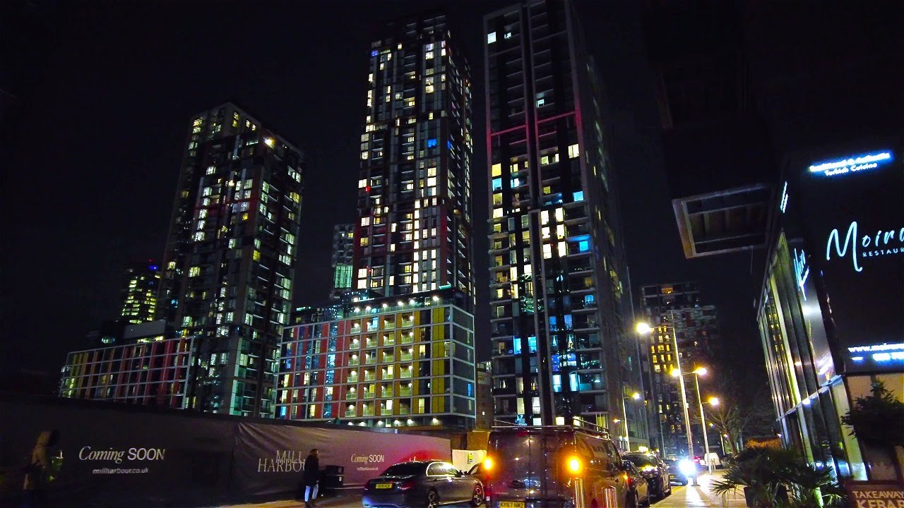 [4K] London Walk | Canary Wharf at Night | Dollar Bay & Marsh Wall
