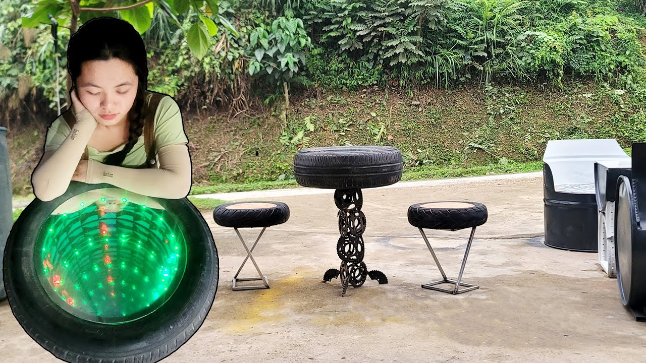 Build a Table and Chair set using Tires and scrap Sprockets, featuring an Infinity Mirror Tabletop
