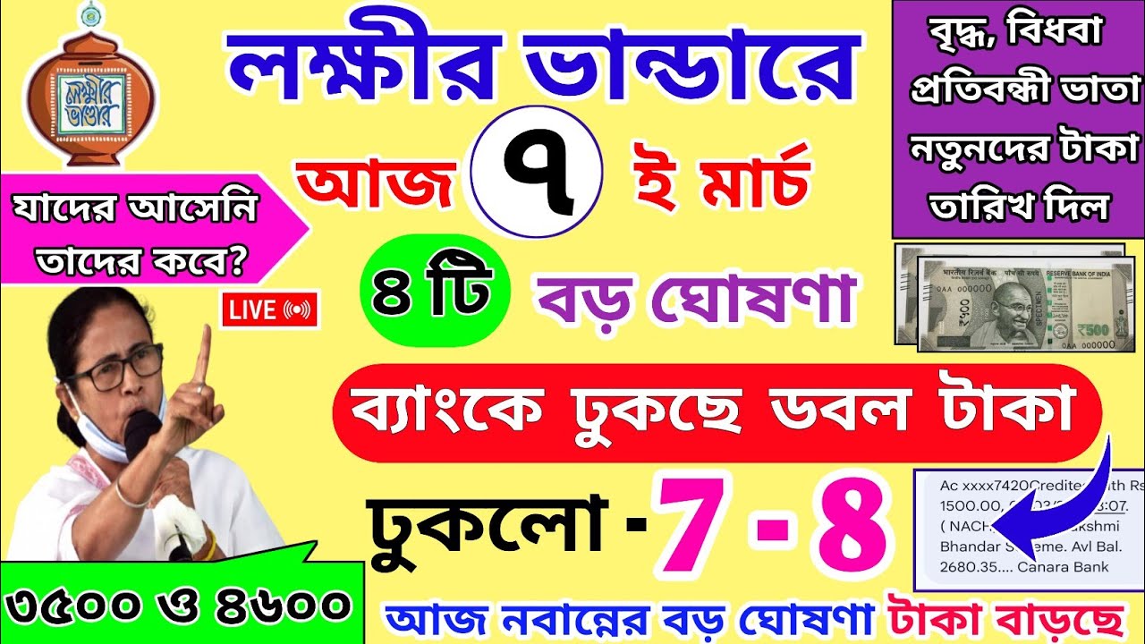 lokkhi Bhandar 2 Big News Mamata Banerjee। লক্ষীর ভান্ডার মার্চ মাসে ডবল টাকা। ২৫০০ ও ৩৪০০ টাকা 