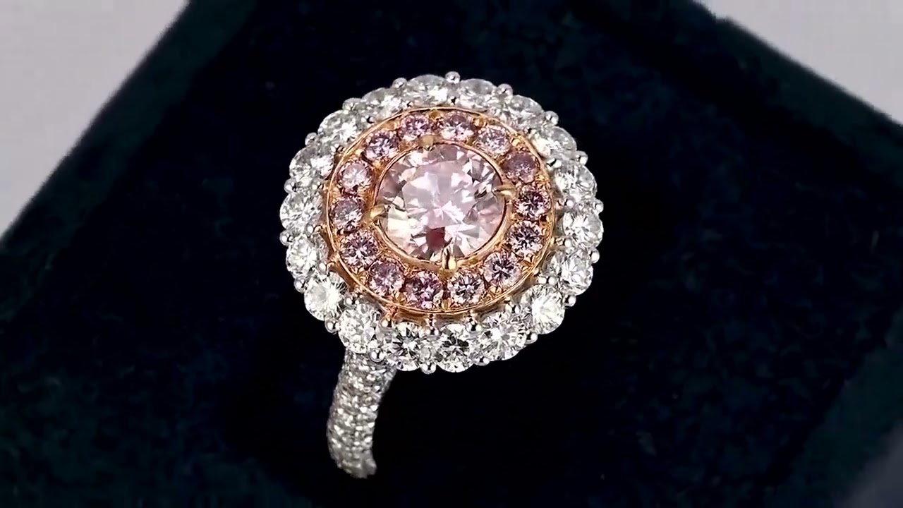 GIA Certified Round Cut Fancy Pink purple Diamond Ring With Diamond Halo 18K White Gold Double Diamo