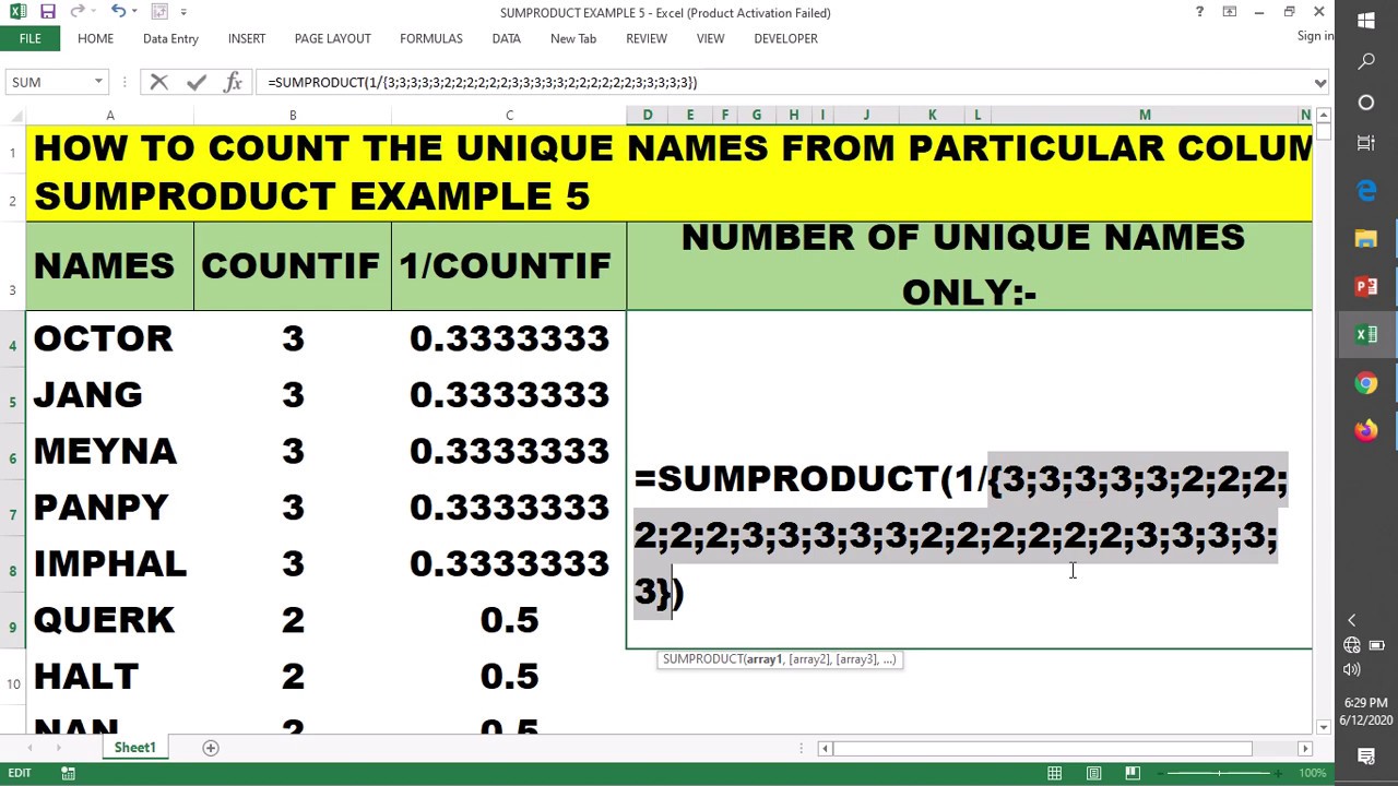 HOW TO COUNT THE UNIQUE NAMES FROM RANGE OR DATA OR COLUMN | SUMPRODUCT ...