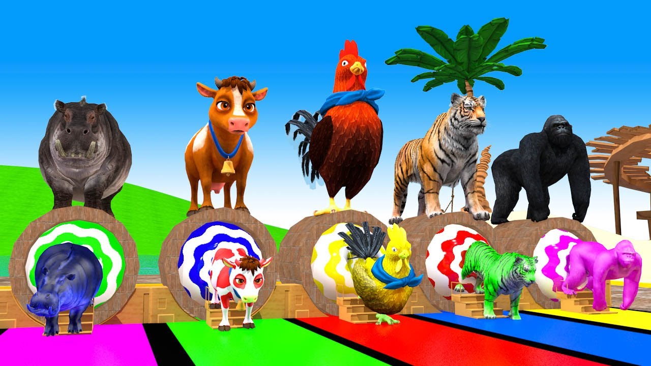 Long Slide Game with Cow Elephant Gorilla Spiderman & Tung Tung- 3d Animal Game - Funny 3d Animals