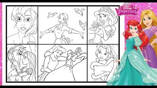 Disney PRINCESS Coloring Page All Together BELLE ARIEL CINDERELLA TIANA RAPUNZEL JASMINE  in Markers
