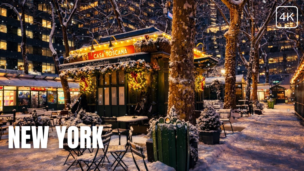 NEW YORK SNOW FALL |  4K Walking Tour Late Night