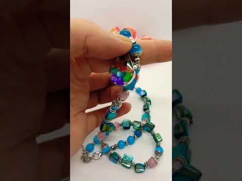 Ексклюзивне кольє з підвіскою крапля натуральний перламутр і камінь котяче око, видео 1