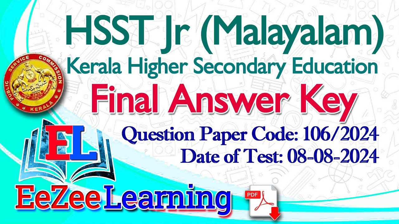 Higher Secondary School Teacher (Jr) Malayalam | Final Answer Key | 106/2024 | 08-08-2024