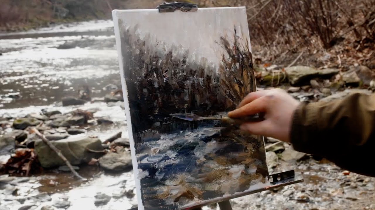 Plein Air Oil Painting Autumn River on a Cloudy Morning