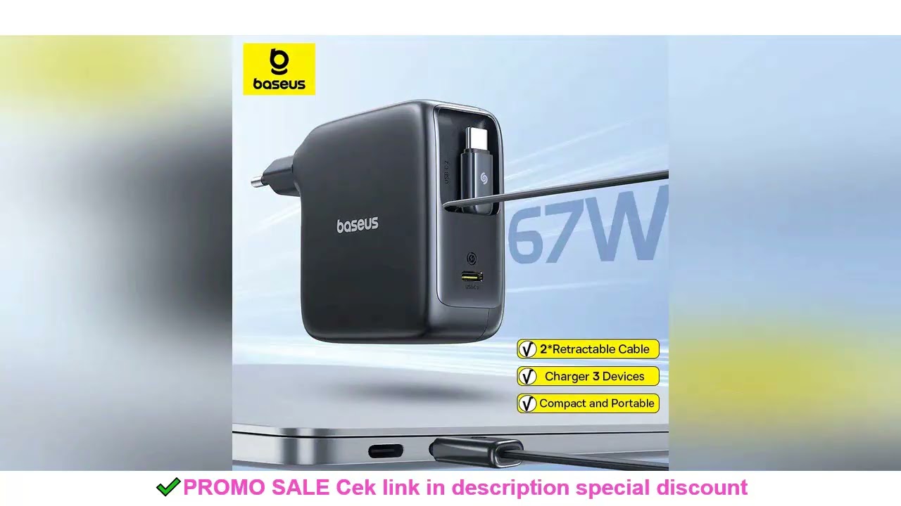 Baseus 67W GaN Charger With Dual Retractable Cable Fast Charger for iPhone Xiaomi Samsung Travel Cha
