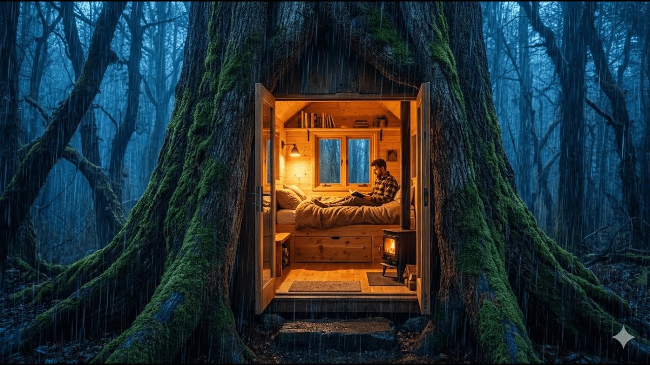 Rain ASMR: Building a Secret Underground Tree House (No Talking) - Full Process