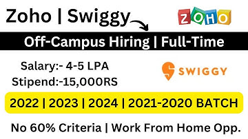 Zoho | Swiggy Mega Hiring | 2022 | 2023 | 2024-2020  No 60% Criteria | Work From Home  No Experience