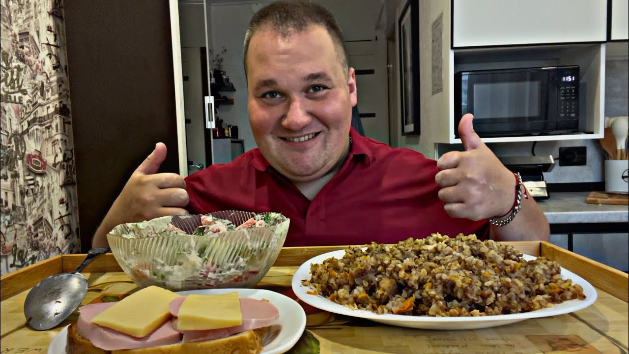 МУКБАНГ ГРЕЧКА С КУРИЦЕЙ / ОБЖОР салат из овощей, бутерброд с кофе / MUKBANG ASMR EATING 