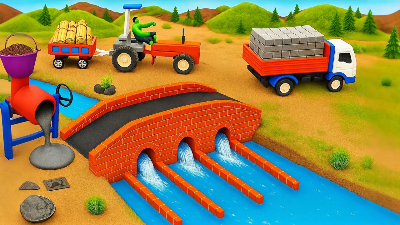 DIY Mini Truck Builds Brick & Metal Railing Bridge | Fun Construction Science Project