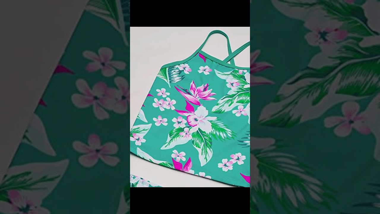 Kanu Surf Girls' Big Alania Floral Banded Tankini Beach Sport 2-Piece Swimsuit, Green, 14