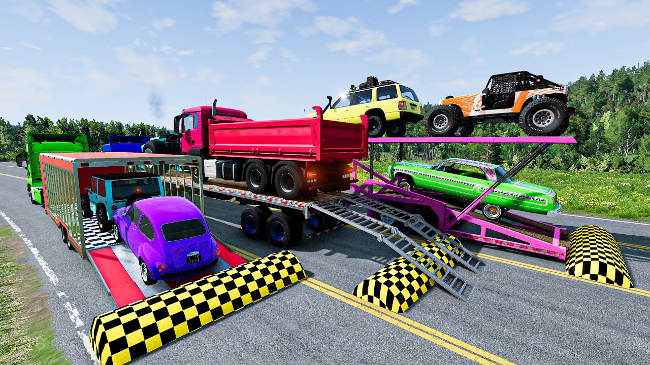 TRANSPORTING PIXAR CAR & FRUIT COLORED & JOHN DEERE vs CLAAS vs TRACTORS - BeamNG.drive | NBG 