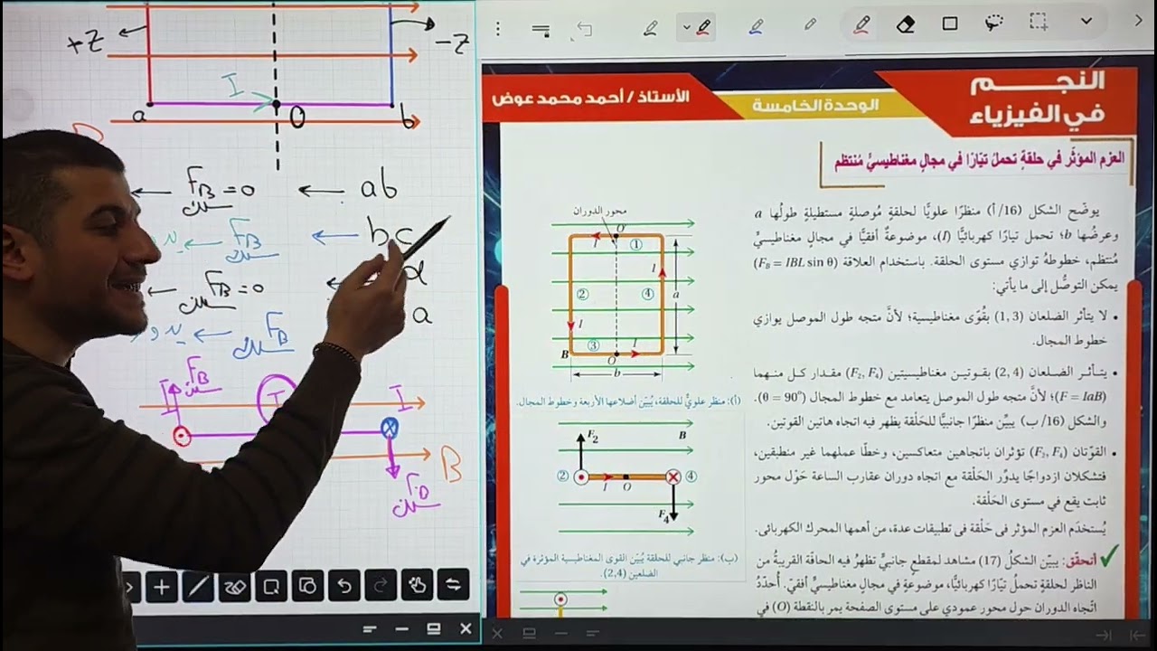 عزم الدوران لحلقه و المحرك الكهربائي و المغناطيسية الطبيعه / فيزياء / أحمد عوض / توجيهي