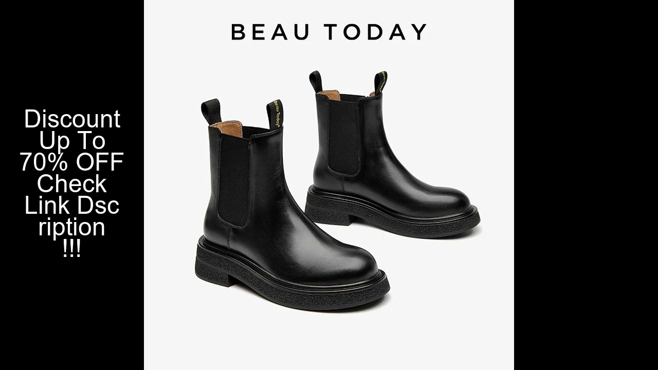 BEAUTODAY Chelsea Boots Women Calfskin Leather Solid Color Round Toe Slip-on Elastic Band  Ladies An