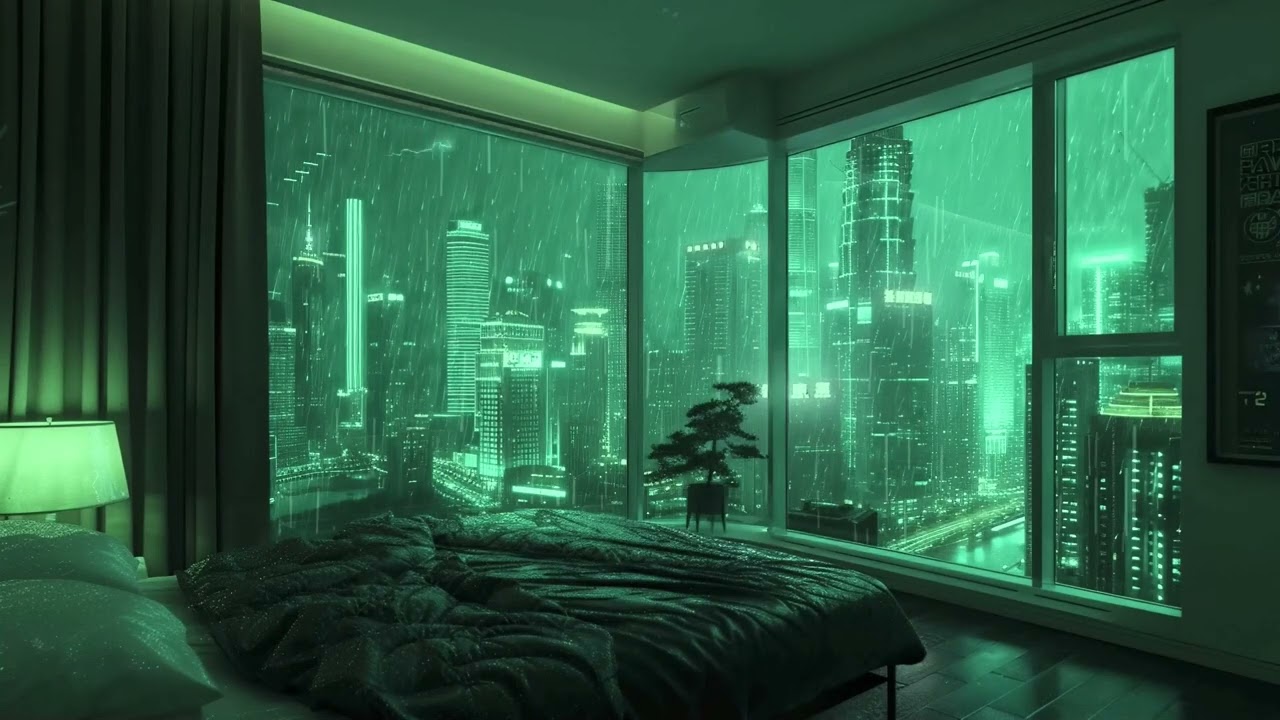 TechnoTopia | Peaceful Teal Room City Lights View | Rain Sounds For Studying And Sleep | 1 Hour