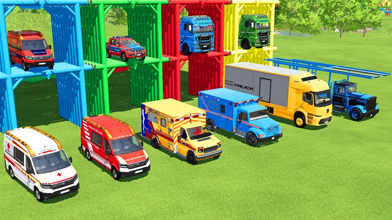 TRANSPORTING POLICE CARS, BOX TRUCK, AMBULANCE, FIRE DEPARTEMENT, FIRE TRUCK TO GARAGE | FS22