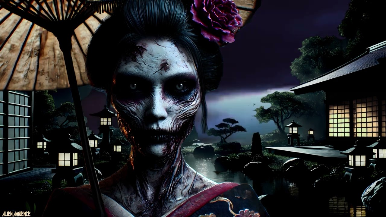Zombie Geisha in a Japanese Garden | Thunderstorm, Wind & Whispering ASMR | 10-Hour Screensaver