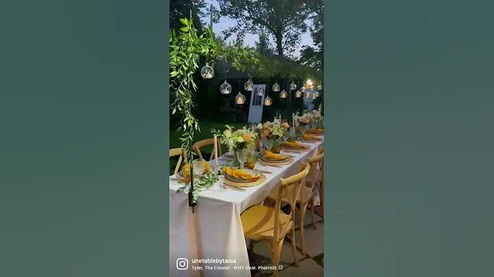 Dinner party table setup. Tablescape in the backyard.