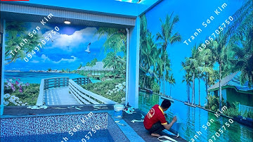 Tranh Dán Tường Cảnh Biển Trang Trí Hồ Bơi Nhà Biệt Thự Phố