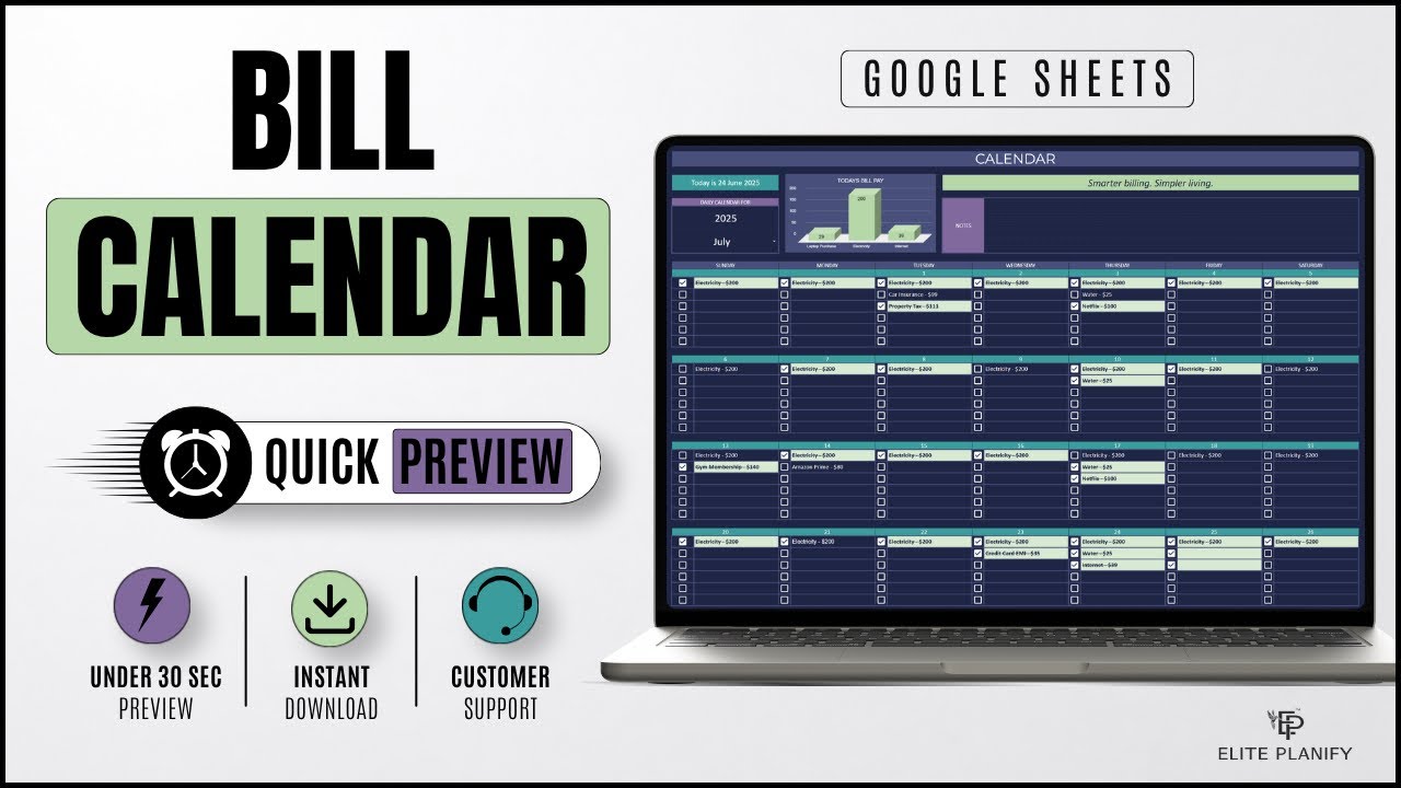 Bill Calendar Google Sheets Template Dark Mode | Quick Preview - YouTube