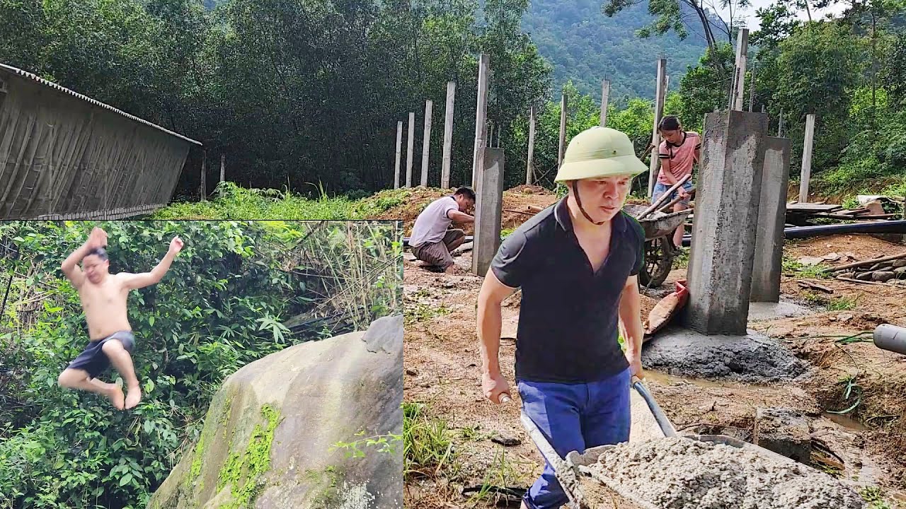 Pour concrete into the remaining bedroom column and fill the column base with concrete and stone.