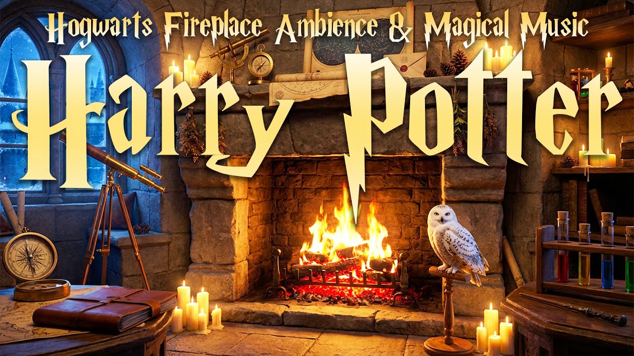 Harry Potter Fireplace Ambience 🔥 Candlelight and Snow Outside | Harry Potter Music