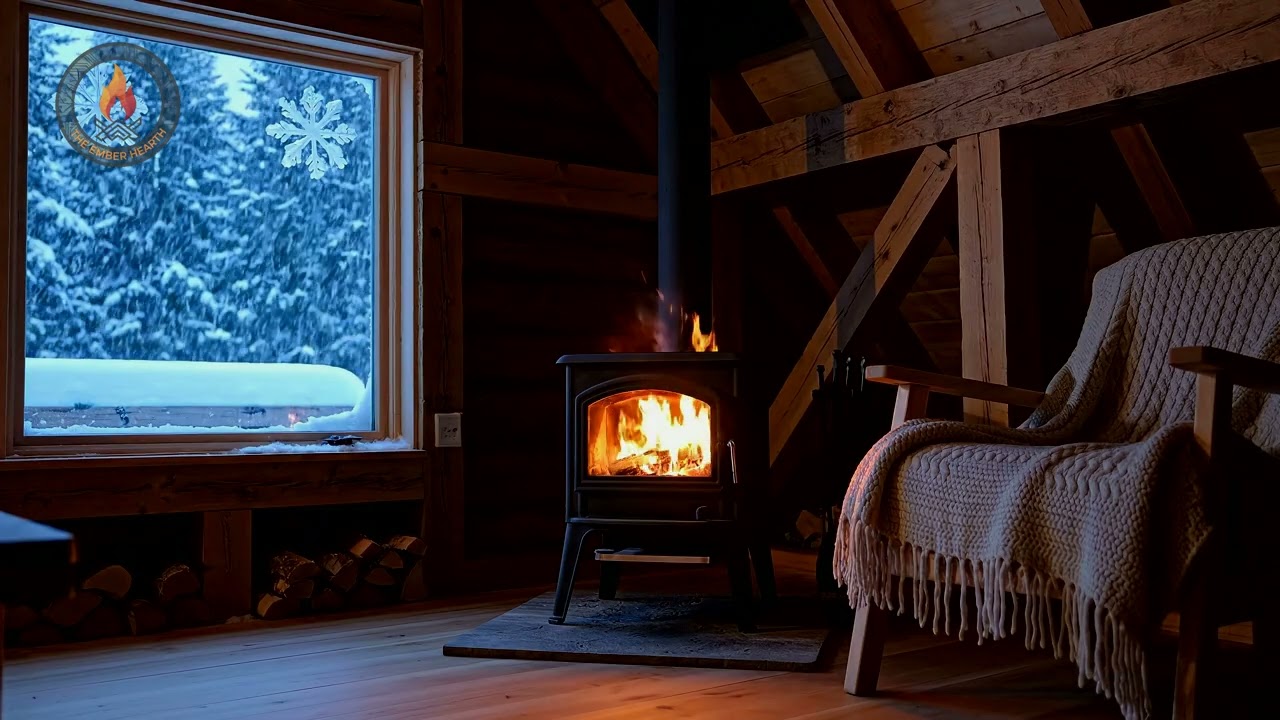 Winter Cabin Fireplace Ambience ⛄ | 10 Hours of Crackling Fire & Falling Snow 4K