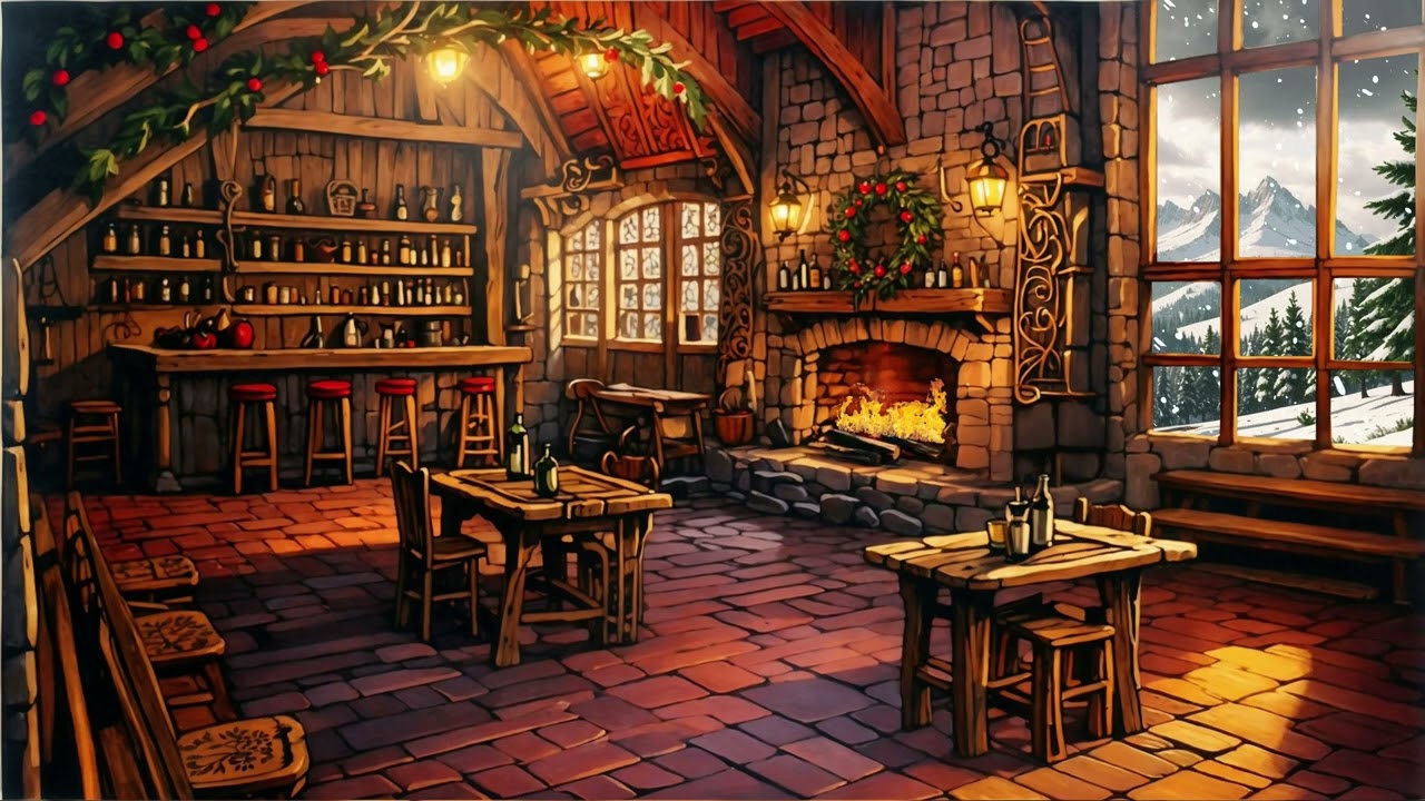 Christmas Tavern Music 🎄 Medieval Lute and Fireplace Ambience 🎄 Cozy Tavern Celtic Music with Hearth