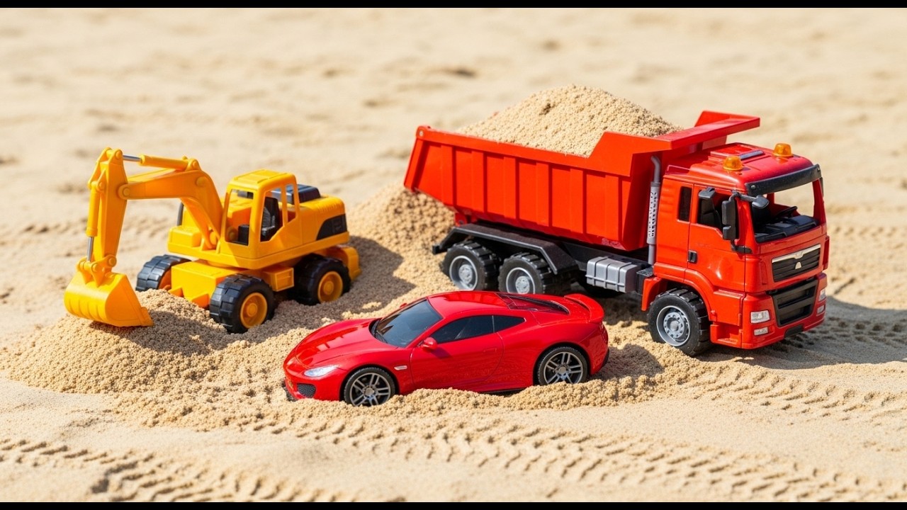 Toy Excavator Saves the Stuck Sports Car! 🚗🚜🏖️ | Sand Rescue Adventure | 3D Kids Fun Story