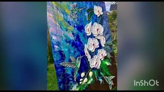 Atmospheric and soft mixed media painting,  fluid and texture art, Hummingbirds and orchids 